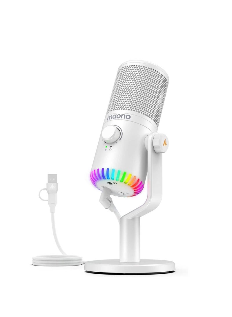 Maono MAONO USB Gaming Microphone for PC Programmable Condenser Mic with RGB Light  Mute Gain Monitoring Volume Control for Streaming Podcasts and Computers DM30 White  - Image 1