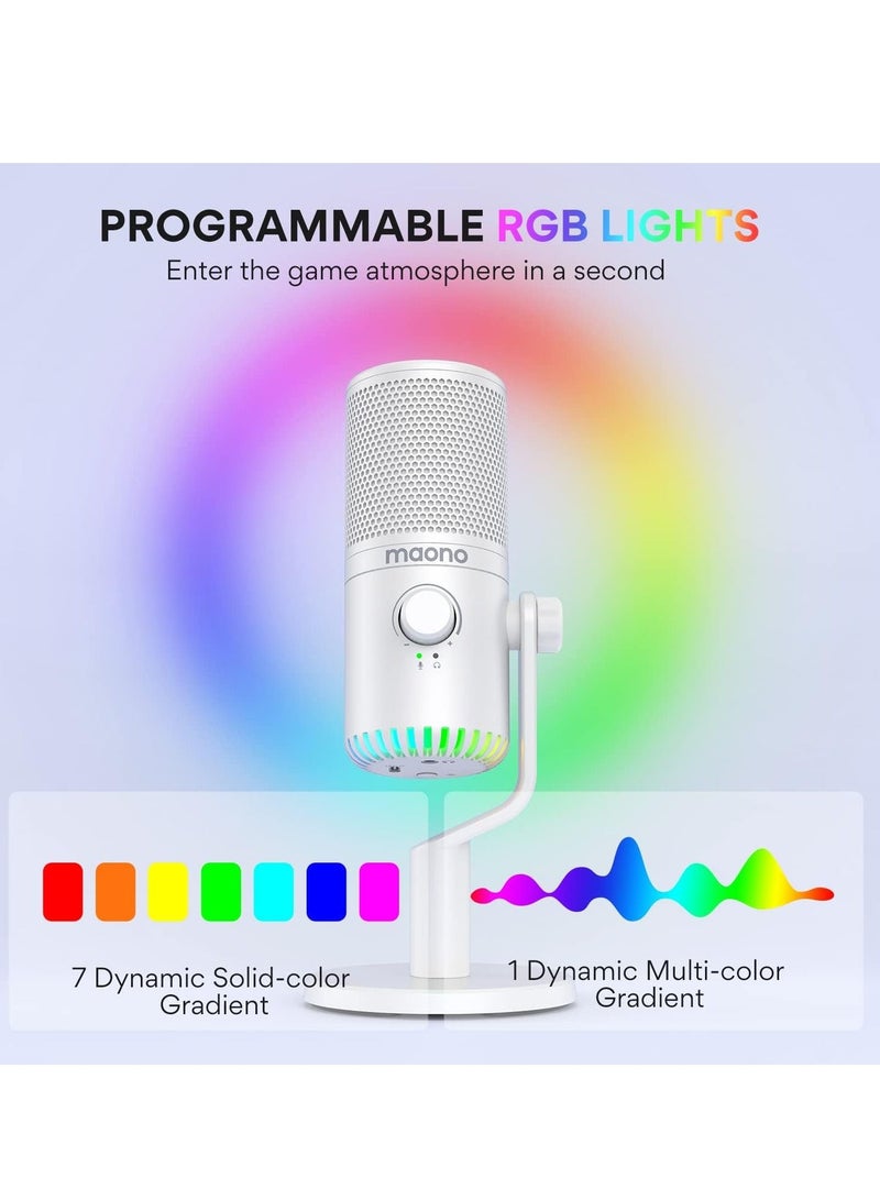 Maono MAONO USB Gaming Microphone for PC Programmable Condenser Mic with RGB Light  Mute Gain Monitoring Volume Control for Streaming Podcasts and Computers DM30 White  - Image 2