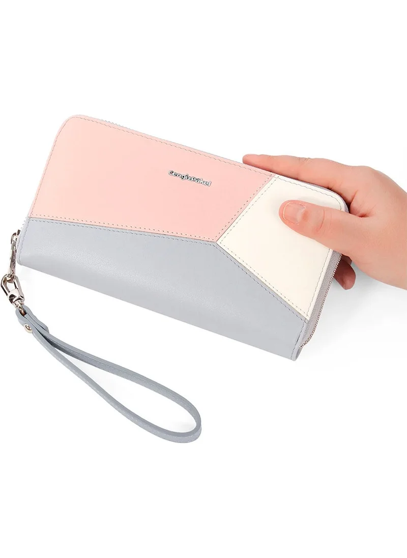 Cengiz Pakel Women's Wallet Women's Wallet Wrist Strap Large Size Ice Blue 20cm x 10.5cm