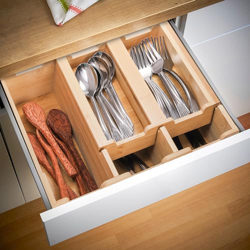 Okllen Bamboo Kitchen Drawer Organizer, Stackable 2-Tier Utensil Drawer Organizer Tray, Silverware Organizer Flatware Storage for Kitchen Cabinet, Pantry, Drawer, 5 Divided Compartments - Image 5