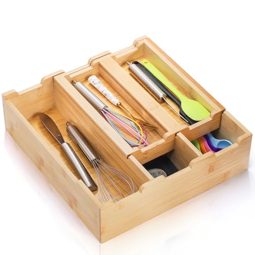 Okllen Bamboo Kitchen Drawer Organizer, Stackable 2-Tier Utensil Drawer Organizer Tray, Silverware Organizer Flatware Storage for Kitchen Cabinet, Pantry, Drawer, 5 Divided Compartments - Image 1