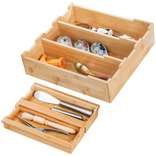 Okllen Bamboo Kitchen Drawer Organizer, Stackable 2-Tier Utensil Drawer Organizer Tray, Silverware Organizer Flatware Storage for Kitchen Cabinet, Pantry, Drawer, 5 Divided Compartments - Image 4