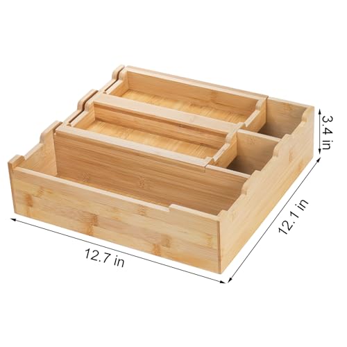 Okllen Bamboo Kitchen Drawer Organizer, Stackable 2-Tier Utensil Drawer Organizer Tray, Silverware Organizer Flatware Storage for Kitchen Cabinet, Pantry, Drawer, 5 Divided Compartments - Image 2