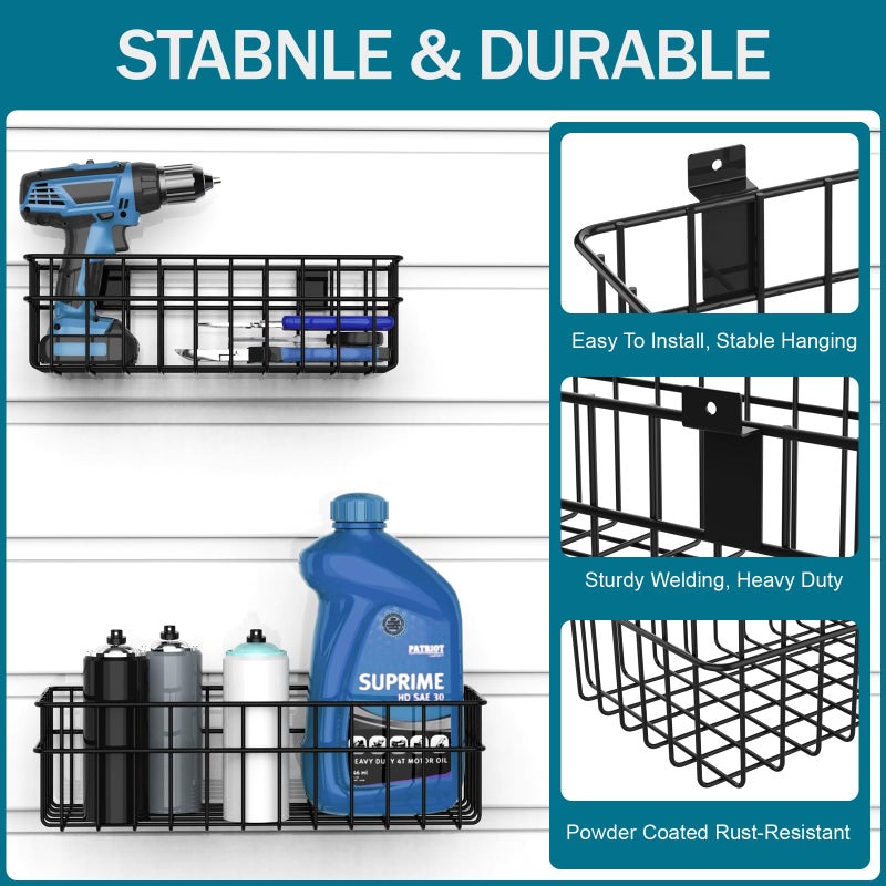 DAANXW 4 Pack Large Size Slatwall Baskets Set, Ventilated Metal Hanging Storage Slat Wall Basket, Mounted Slatwall Accessories for Garage Storage Organizing Display on Slatwall Panels bins (Black) - Image 3
