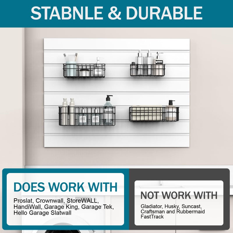 DAANXW 4 Pack Large Size Slatwall Baskets Set, Ventilated Metal Hanging Storage Slat Wall Basket, Mounted Slatwall Accessories for Garage Storage Organizing Display on Slatwall Panels bins (Black) - Image 5