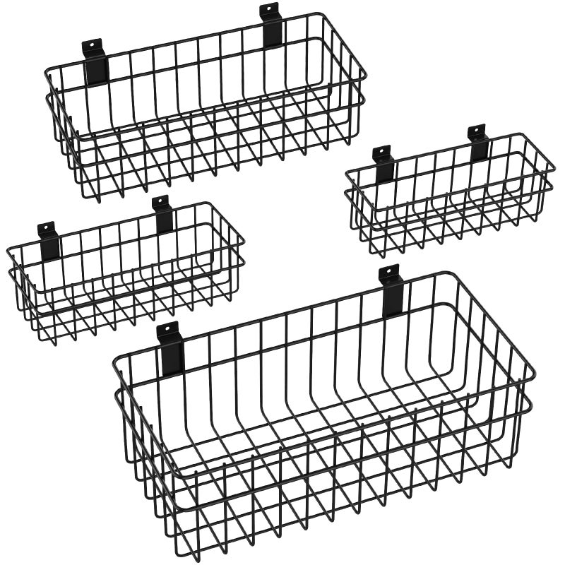 DAANXW 4 Pack Large Size Slatwall Baskets Set, Ventilated Metal Hanging Storage Slat Wall Basket, Mounted Slatwall Accessories for Garage Storage Organizing Display on Slatwall Panels bins (Black) - Image 1