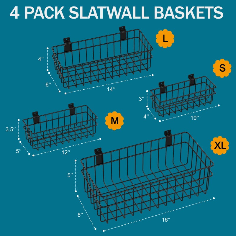 DAANXW 4 Pack Large Size Slatwall Baskets Set, Ventilated Metal Hanging Storage Slat Wall Basket, Mounted Slatwall Accessories for Garage Storage Organizing Display on Slatwall Panels bins (Black) - Image 2
