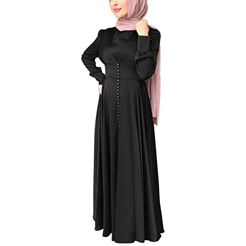 StarDY Women's Plain Satin Abaya Dress Round Collar Balloon Sleeve Wrap Waist Slit Maxi Dress Middle Eastern Muslim Gown (09Black,L) - Image 3