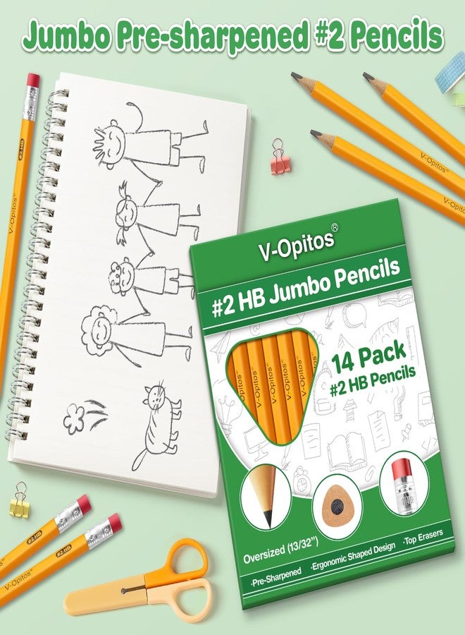 V-Opitos 14 Pack Jumbo #2 HB Pencils for Kids, Triangle Shape Pre-sharpened Wood-Cased Pencil with Top Eraser, Toddler First Pencils, Ideal Home, Kindergartens, School Classroom Supplies - Image 2