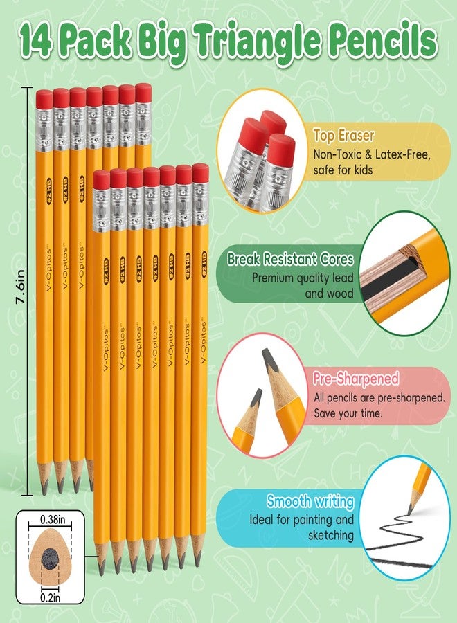 V-Opitos 14 Pack Jumbo #2 HB Pencils for Kids, Triangle Shape Pre-sharpened Wood-Cased Pencil with Top Eraser, Toddler First Pencils, Ideal Home, Kindergartens, School Classroom Supplies - Image 4