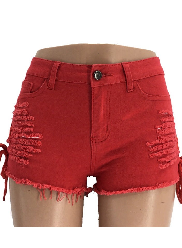 Loquat Mid-rise Split Bandage With Ripped Tassels For Women's Denim Shorts  - Image 1