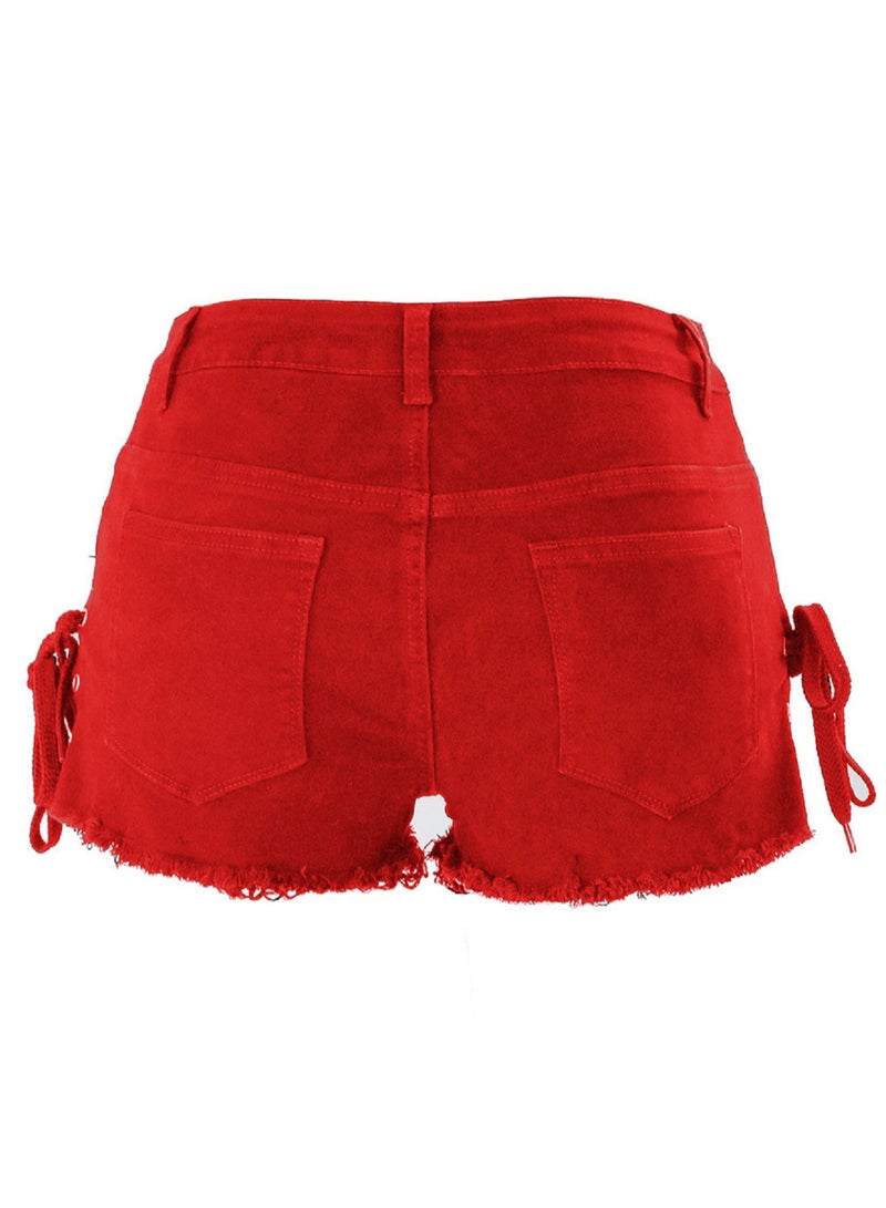 Loquat Mid-rise Split Bandage With Ripped Tassels For Women's Denim Shorts  - Image 2