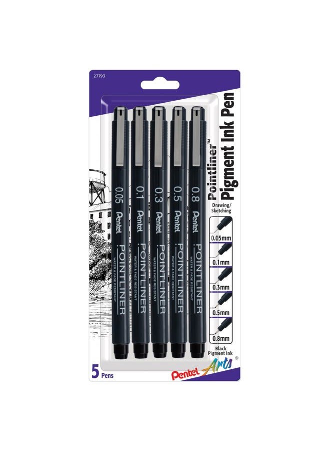 Pentel Arts Pointliner Drawing Pen, 5-Pack, Assorted Sizes, Black Ink (S20PBP5A) - Image 1