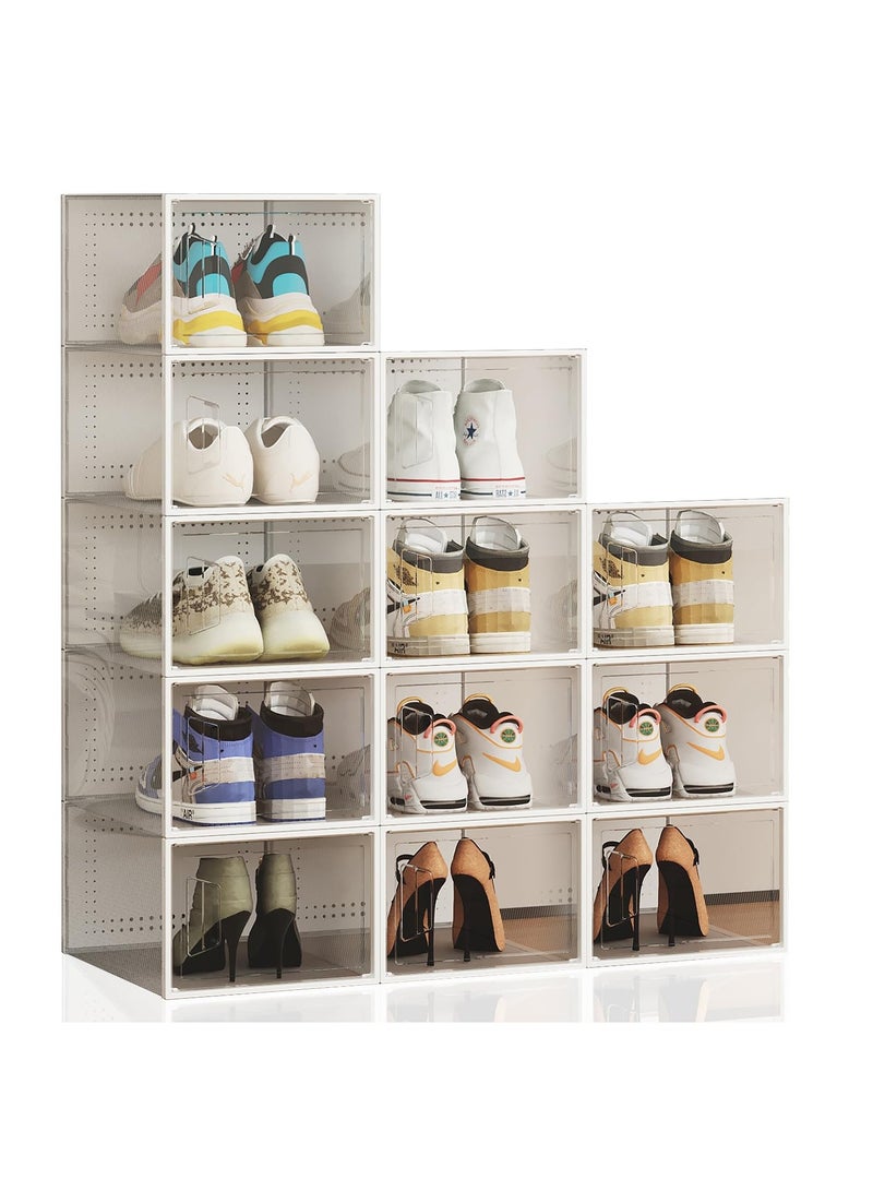 Ankila Larger Shoe Storage Boxes Fit Size 11, Clear Plastic Stackable Shoe Organizer Sneaker Storage for Sneakerheads Shoe Containers,Toy Storage Bins for Entryway, Closet, Under Bed(12 Pack) (White) 