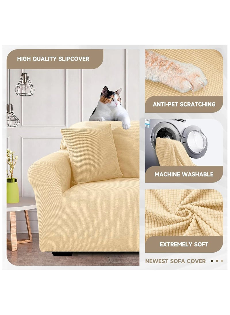 Fabienne Stretch Fit 4-Seater Sofa Cover Soft Brushed Fabric Couch Cover Exquisitely Full Coverage Furniture Protector Slipcover Four Seater Fits on Standard and Recliner Sofa 235-300cm Size Cream  - Image 5