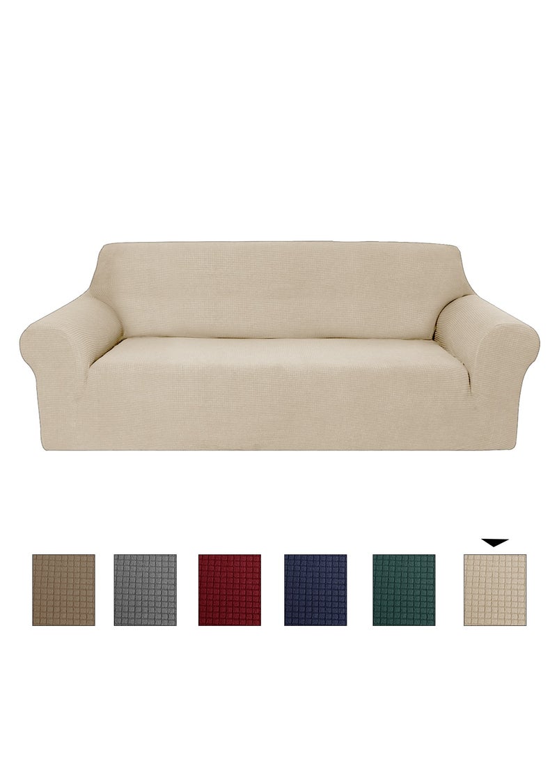 Fabienne Stretch Fit 4-Seater Sofa Cover Soft Brushed Fabric Couch Cover Exquisitely Full Coverage Furniture Protector Slipcover Four Seater Fits on Standard and Recliner Sofa 235-300cm Size Cream  - Image 4