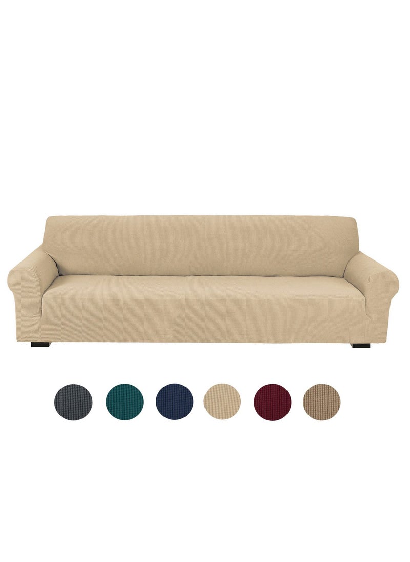 Fabienne Stretch Fit 4-Seater Sofa Cover Soft Brushed Fabric Couch Cover Exquisitely Full Coverage Furniture Protector Slipcover Four Seater Fits on Standard and Recliner Sofa 235-300cm Size Cream  - Image 1