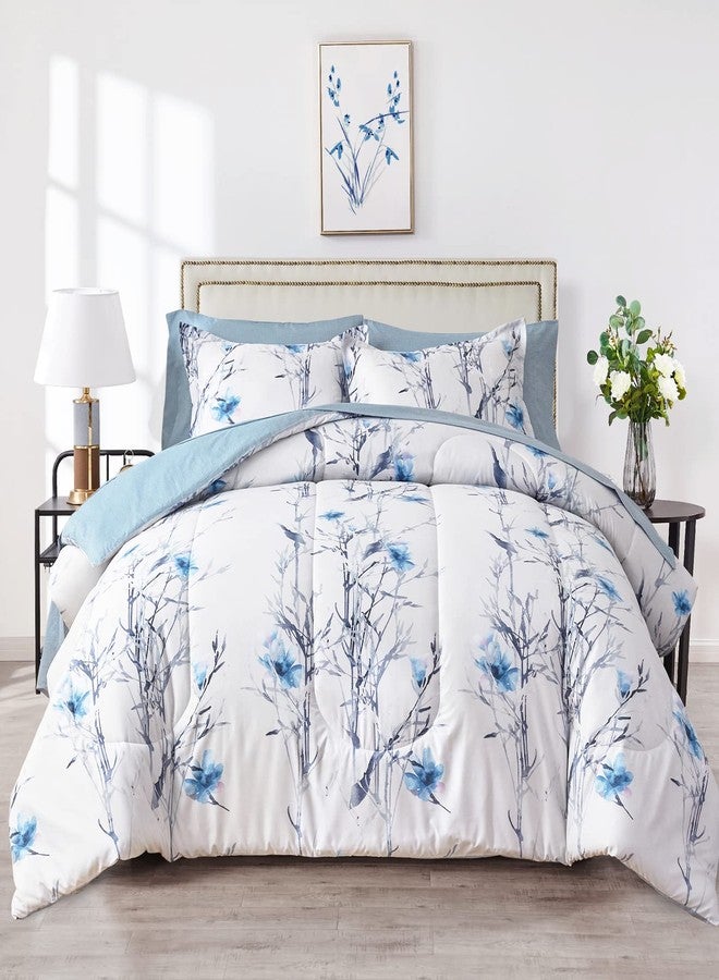 Flysheep 7 Piece Bed in a Bag Queen Comforter Set with Sheets, Blue Flower Branch on White Botanical Bedding Sets for All Season (1 Comforter, 2 Pillow Shams, 1 Flat Sheet, 1 Fitted Sheet, 2 Pillowcases) - Image 1
