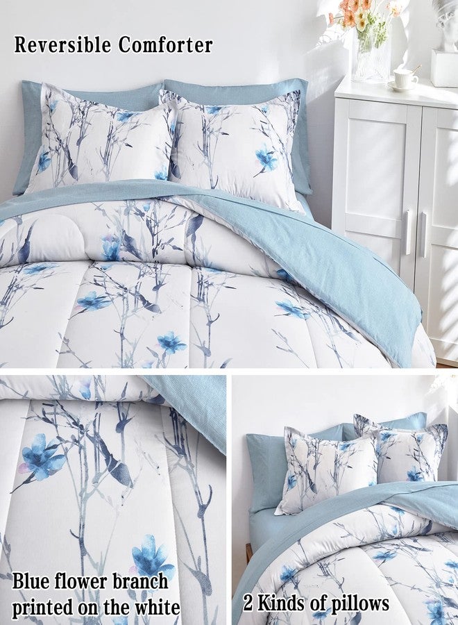 Flysheep 7 Piece Bed in a Bag Queen Comforter Set with Sheets, Blue Flower Branch on White Botanical Bedding Sets for All Season (1 Comforter, 2 Pillow Shams, 1 Flat Sheet, 1 Fitted Sheet, 2 Pillowcases) - Image 4