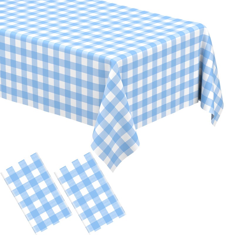 WNINK 2 Pack Light Blue Gingham Tablecloth Rectangular Pale Blue and White Checkered Tablecloths Disposable Plastic Plaid Table Cover for Parties, Outdoor Picnic, Birthday, Wedding, Camping 54 Ã— 108 Inch - Image 1