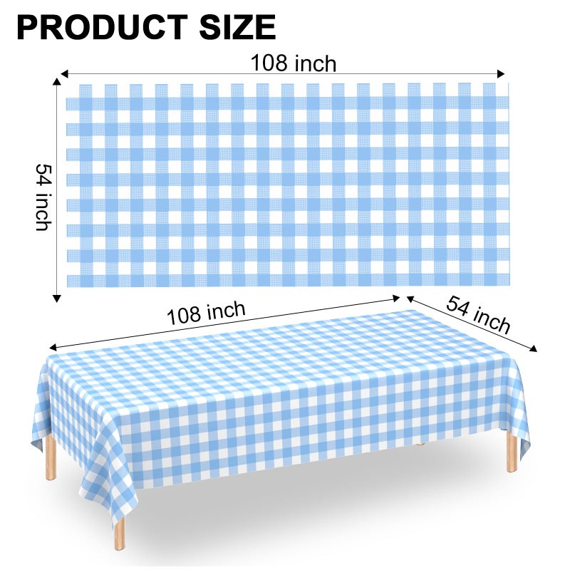 WNINK 2 Pack Light Blue Gingham Tablecloth Rectangular Pale Blue and White Checkered Tablecloths Disposable Plastic Plaid Table Cover for Parties, Outdoor Picnic, Birthday, Wedding, Camping 54 Ã— 108 Inch - Image 2