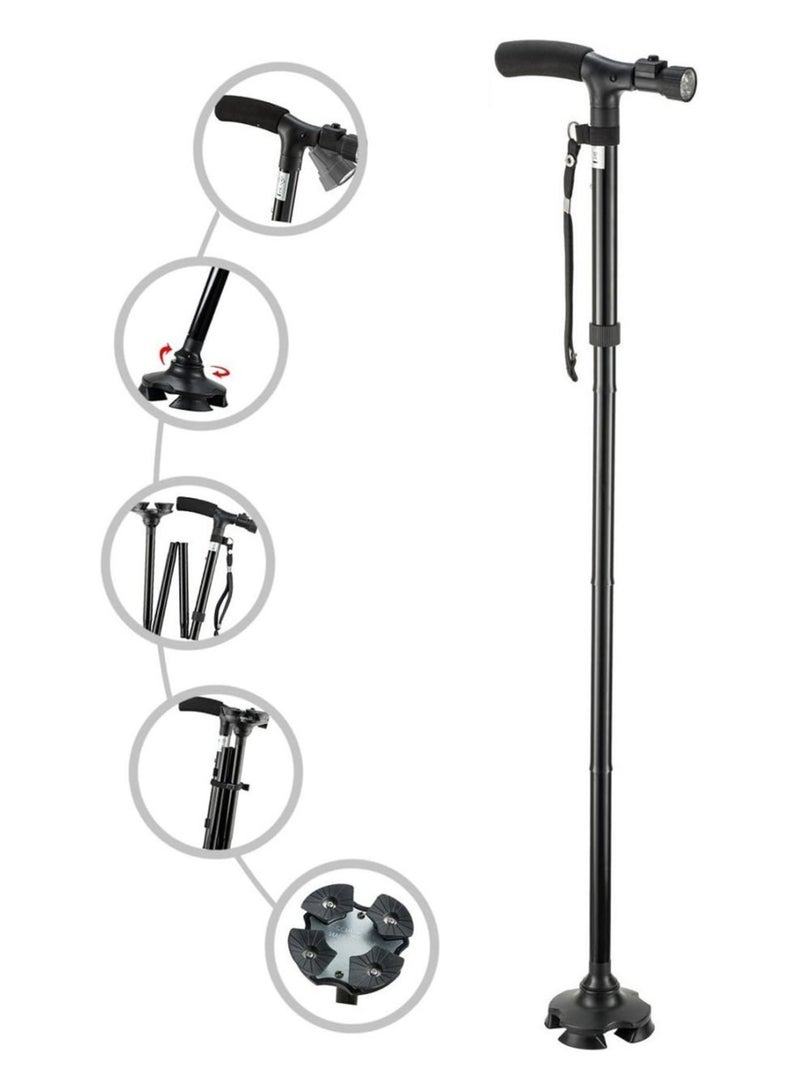 Folding Cane with Led Light, Adjustable Canes and Walking Sticks for Men and Women, Walking Cane Stick with T Cushion Handle and Pivoting Quad Base,Black - Image 1