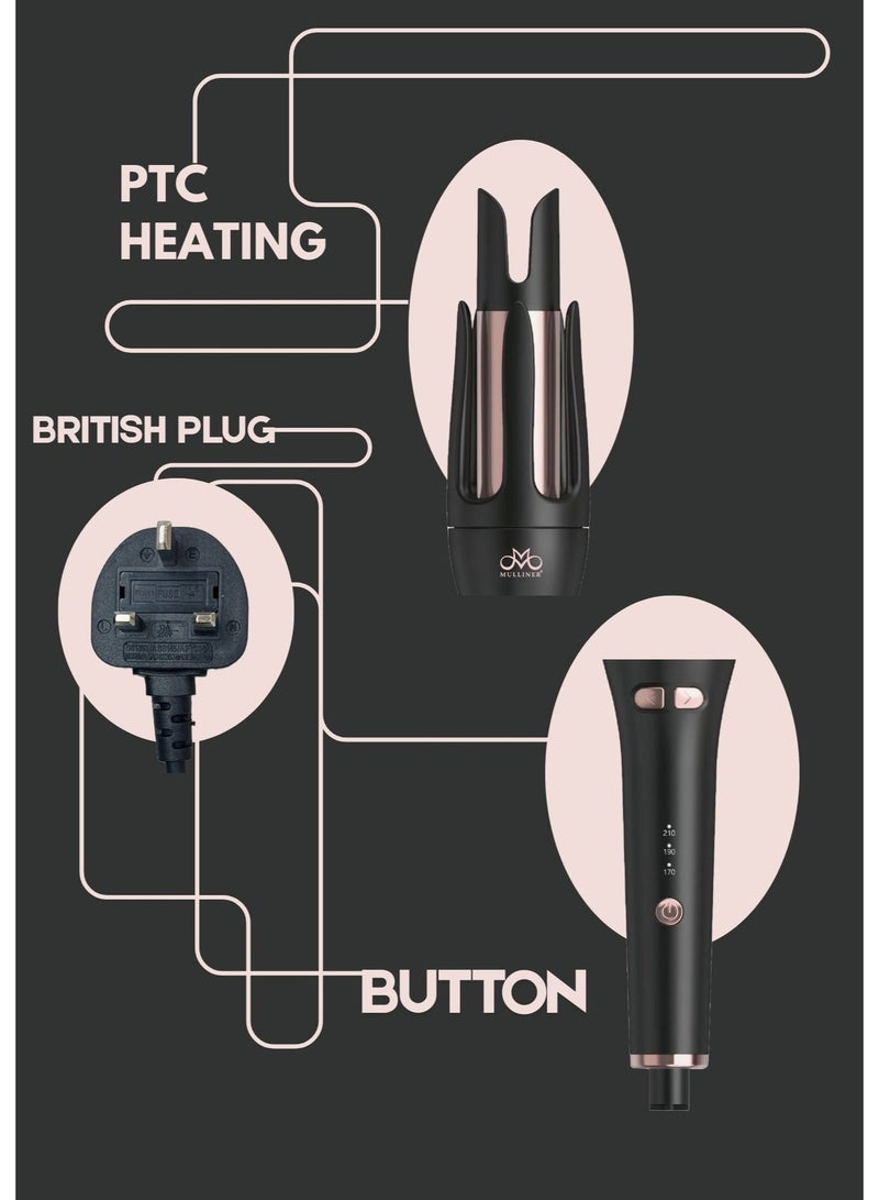MULLINER مُولِينَر 32 مم مكواة شعر أوتوماتيكية – تسخين سريع، 3 إعدادات حرارة، تسخين PTC، قابس بريطاني - Image 3