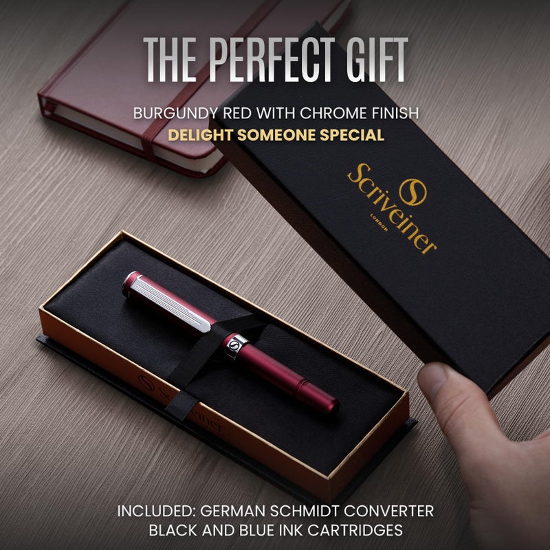 Scriveiner Luxury EDC Fountain Pen (Medium), Stunning Matt Red Pocket Pen, Chrome Finish, Schmidt German Nib, Converter, Best Writing Pen Gift Set for Men & Women, Nice Fancy Office Designer Pen - Image 3