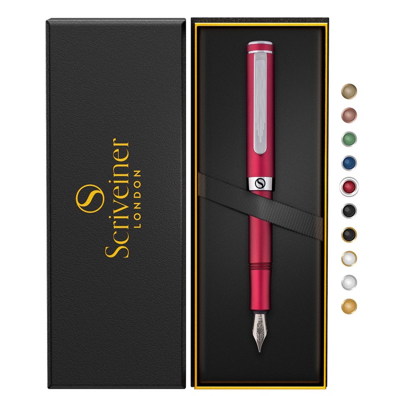 Scriveiner Luxury EDC Fountain Pen (Medium), Stunning Matt Red Pocket Pen, Chrome Finish, Schmidt German Nib, Converter, Best Writing Pen Gift Set for Men & Women, Nice Fancy Office Designer Pen - Image 1