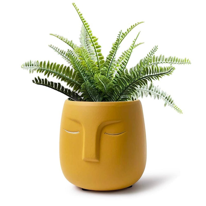 GeLive Head Succulent Plant Pot Ceramic Face Planter Modern Statue Flower Vase Windowsill Box with Drainage Hole Home Decoration Indoor Outdoor Container Gold Eyes Yellow