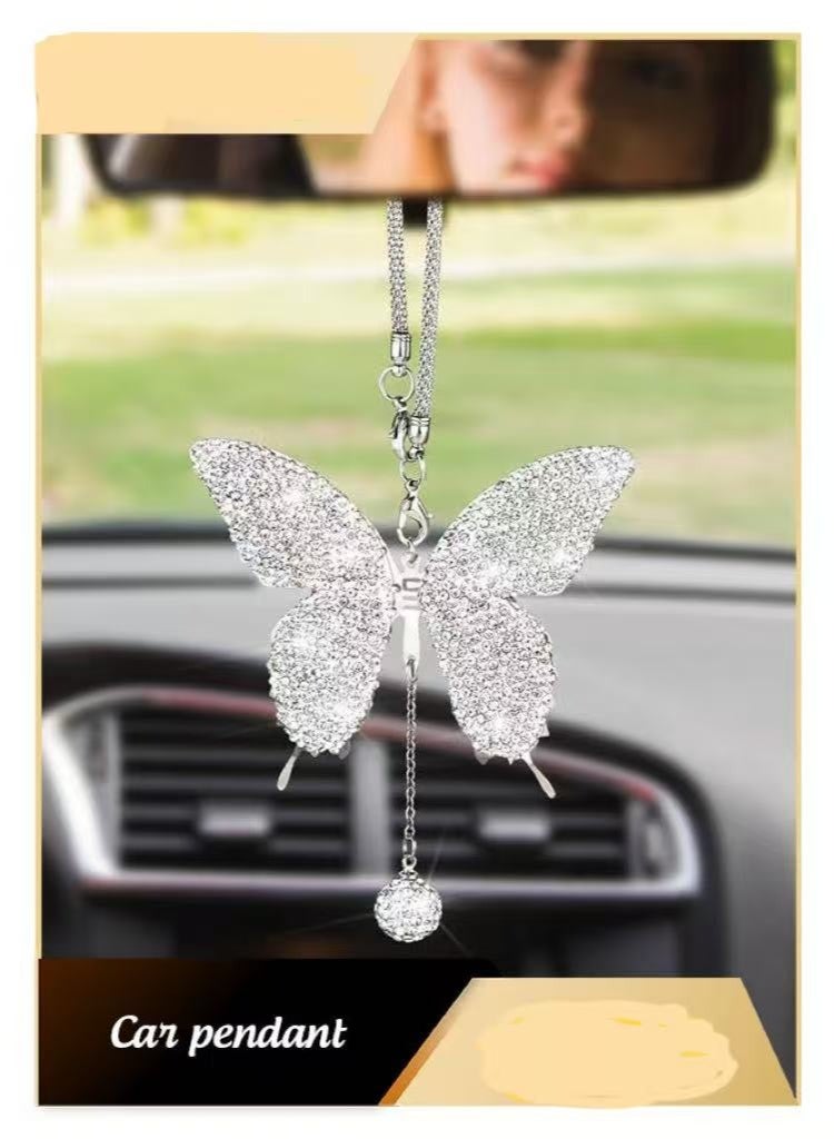 OR MENG Butterfly Shape Ornaments Car Interior Mirror Ornaments Car Diamond Rearview Mirror Accessories Car Hanging Ornament White - Image 1