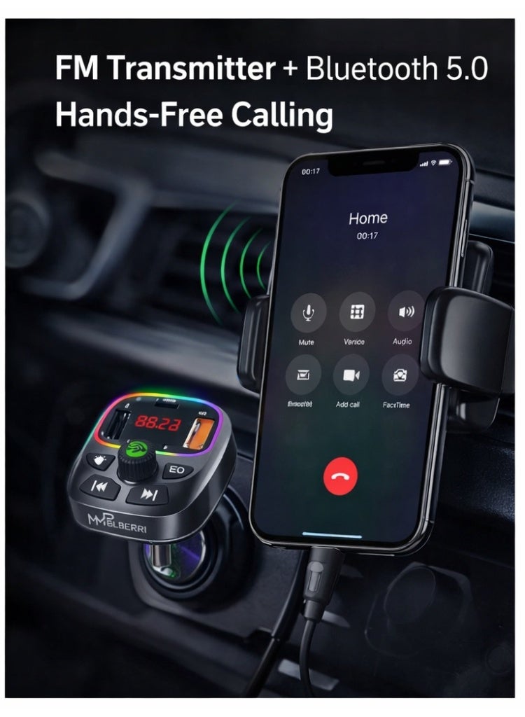 MPBLBERRI 25W PD Car Charger with FM Transmitter, Bluetooth 5.0, QC 3.0 & Dual USB/Type-C - Image 2
