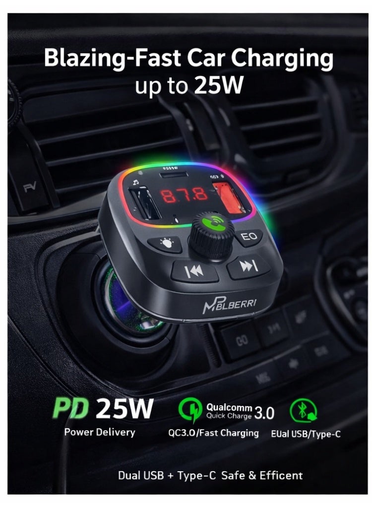 MPBLBERRI 25W PD Car Charger with FM Transmitter, Bluetooth 5.0, QC 3.0 & Dual USB/Type-C - Image 3