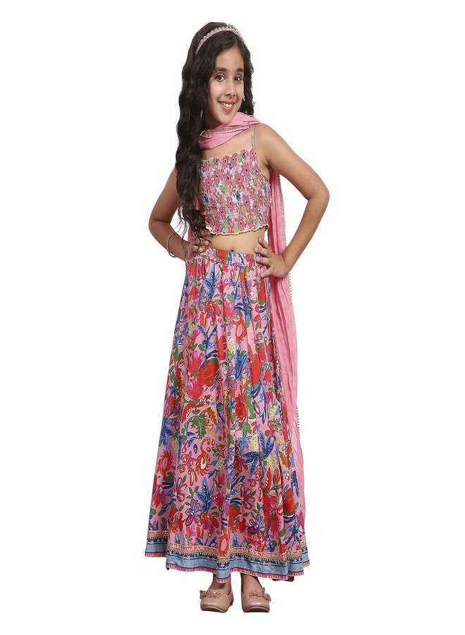 BIBA Printed Viscose Regular Fit Girls Top Lehenga Dupatta Set (PINK, 6-7Y) - Image 1