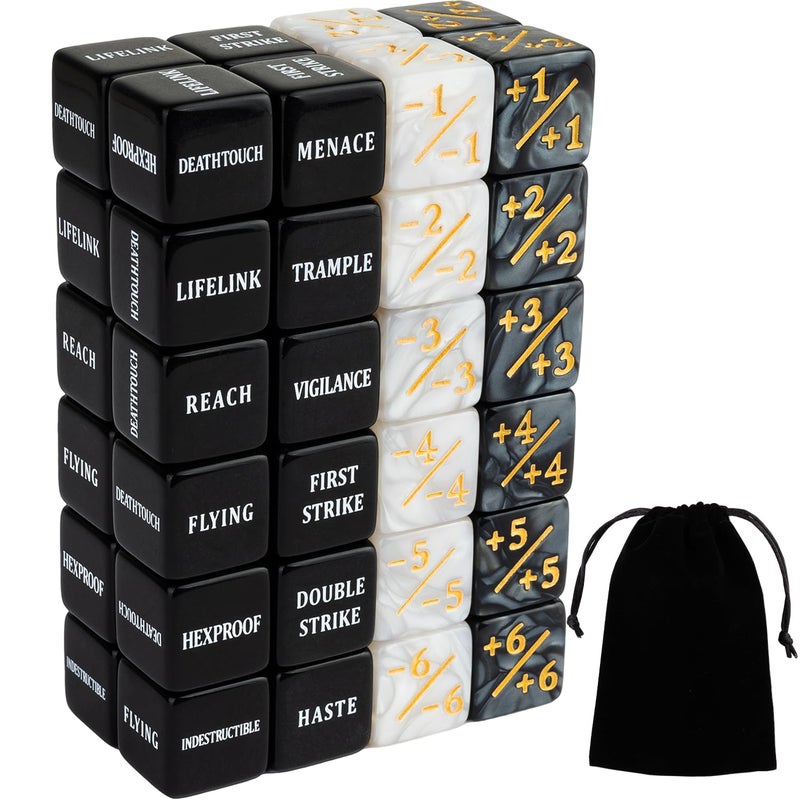 LAMJAM 48 Pieces Abilities Keywords Counter Dice Black MTG Dice Counters Bulk Creature Stats Buff Tokens Dice Set for Magic The Gathering, MTG, TCG, Card Games Accessories - Image 1