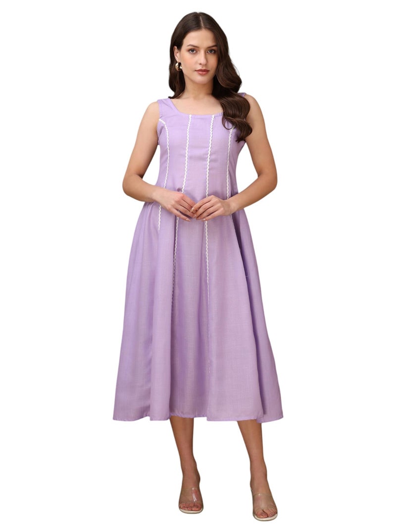 PURVAJA Women’s Round Neck Flared Cotton Blend Dress (Floe-044-XL_Purple) - Image 1