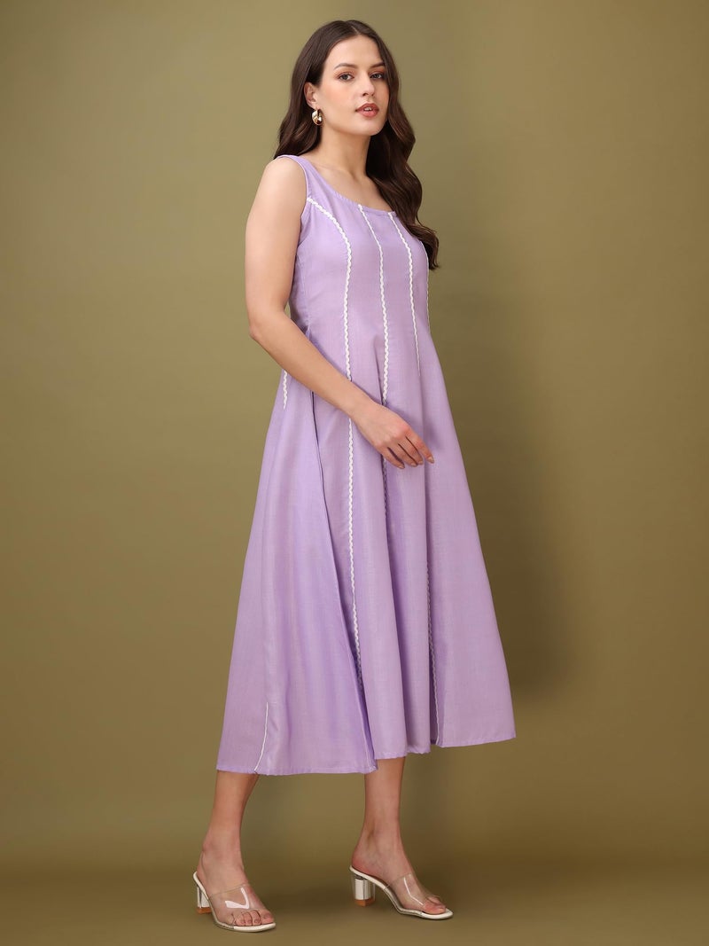 PURVAJA Women’s Round Neck Flared Cotton Blend Dress (Floe-044-XL_Purple) - Image 2