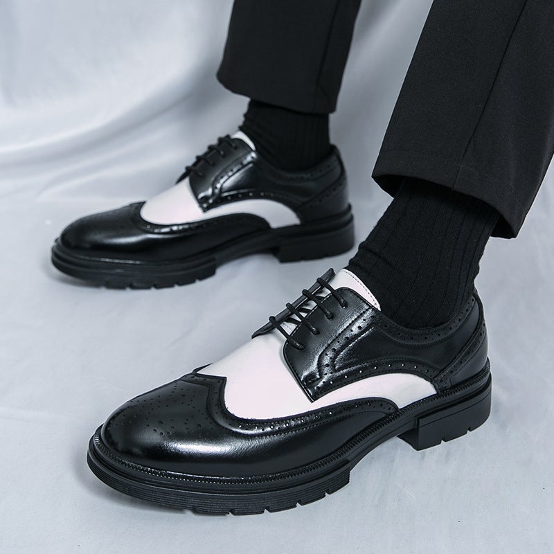Large Size 46 Brogue Carved Leather Shoes 2025 Spring & Fall New Black And White Color Matching Business Formal Leather Shoes For Men - Image 4