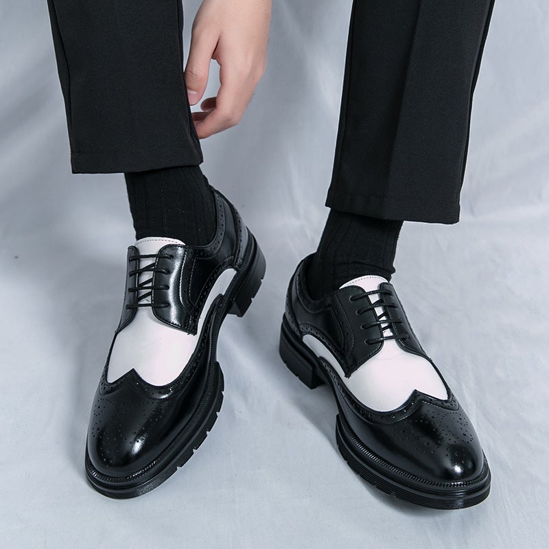 Large Size 46 Brogue Carved Leather Shoes 2025 Spring & Fall New Black And White Color Matching Business Formal Leather Shoes For Men - Image 2