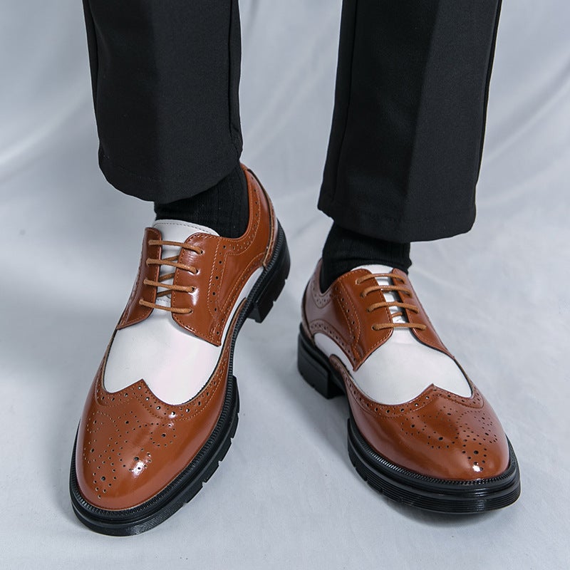 Large Size 46 Brogue Carved Leather Shoes 2025 Spring & Fall New Black And White Color Matching Business Formal Leather Shoes For Men - Image 3