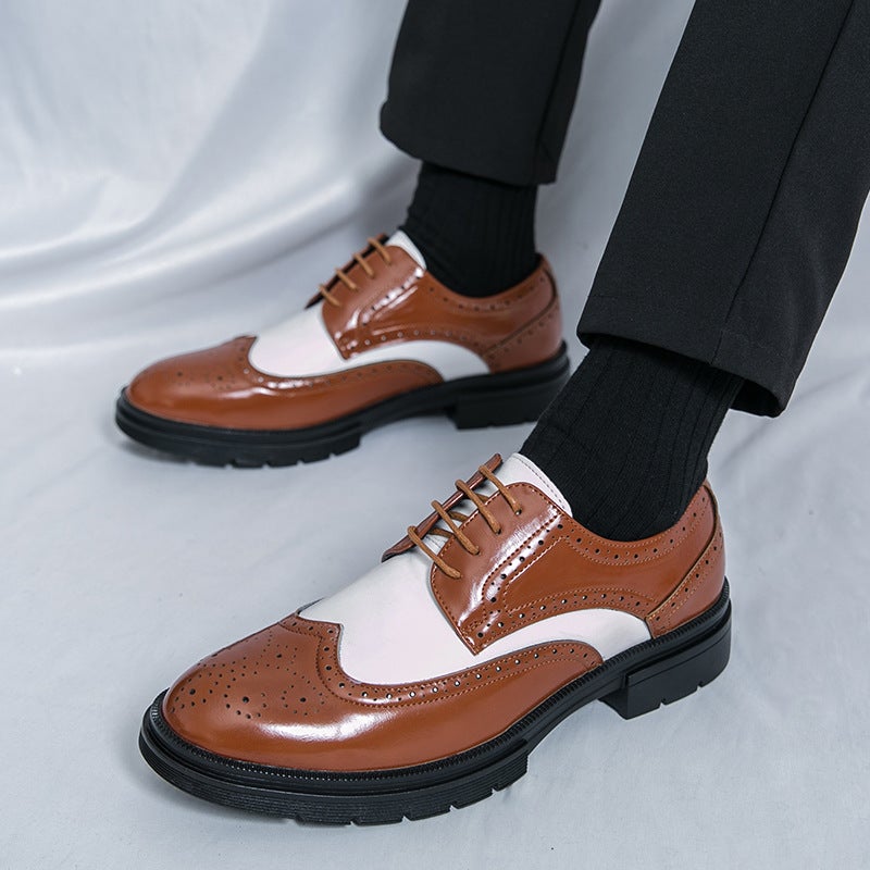 Large Size 46 Brogue Carved Leather Shoes 2025 Spring & Fall New Black And White Color Matching Business Formal Leather Shoes For Men - Image 5