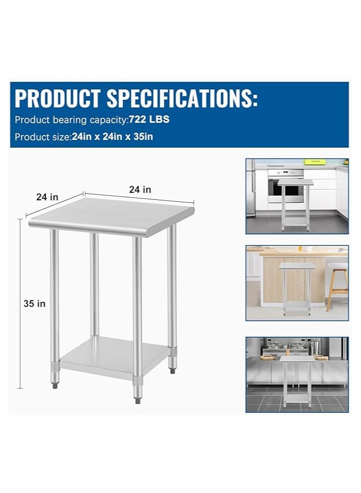 أف دي دبليو طاولة عمل من الفولاذ المقاوم للصدأ، طاولة عمل للمطبخ، طاولة عمل تجارية مقاومة للخدش، طاولة معدنية مع قاعدة قابلة للتعديل للمطبخ المنزلي والمطعم (24 عرضًا × 24 طولًا) - Image 2