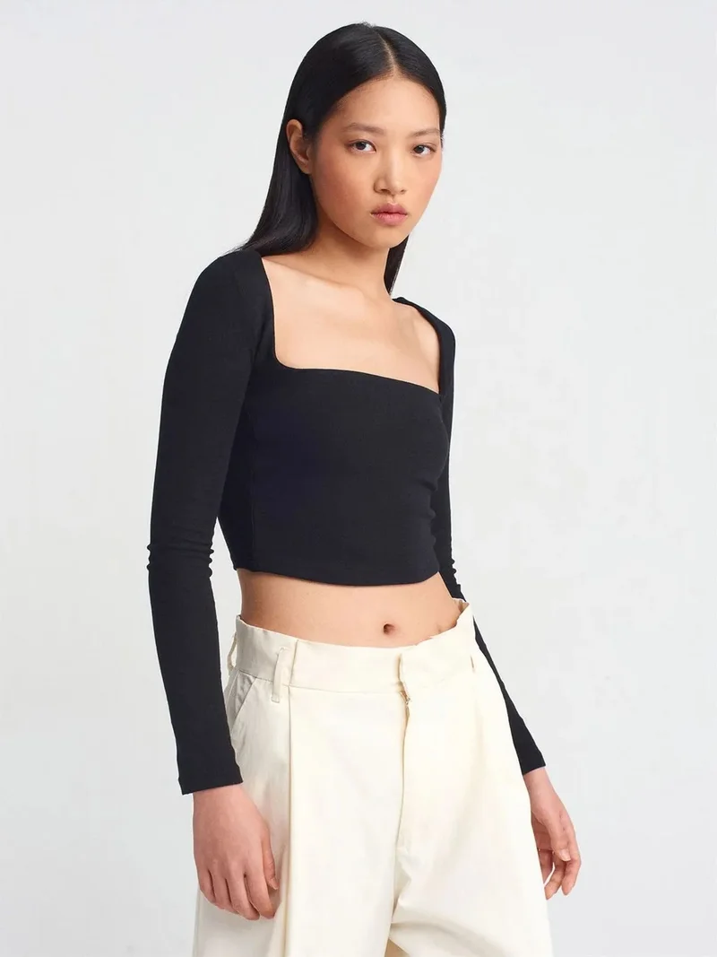 ديلفين Dilvin Women's Cropped Cut-out Square-neck Blouse