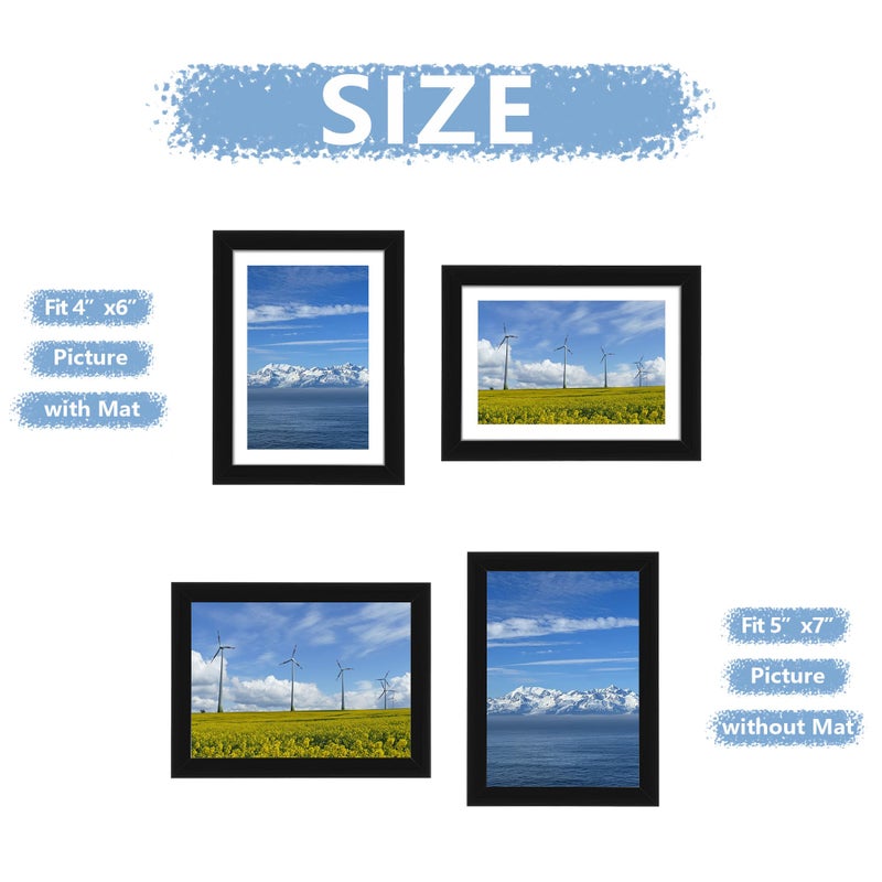 Picrit 5x7 Picture Frame Set of 7  Display 5x7 with Mat or 4x6 Without Mat  Photo Frames for Wall Mounting or Table Top Display  Black. - Image 3