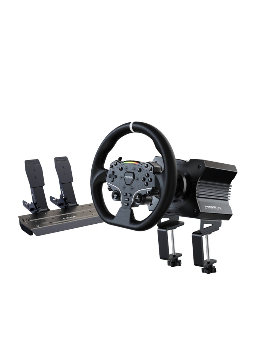 MOZA R5 Racing Bundle – 5.5Nm Direct Drive, Aluminum & Leather, Adjustable Pedals, Black