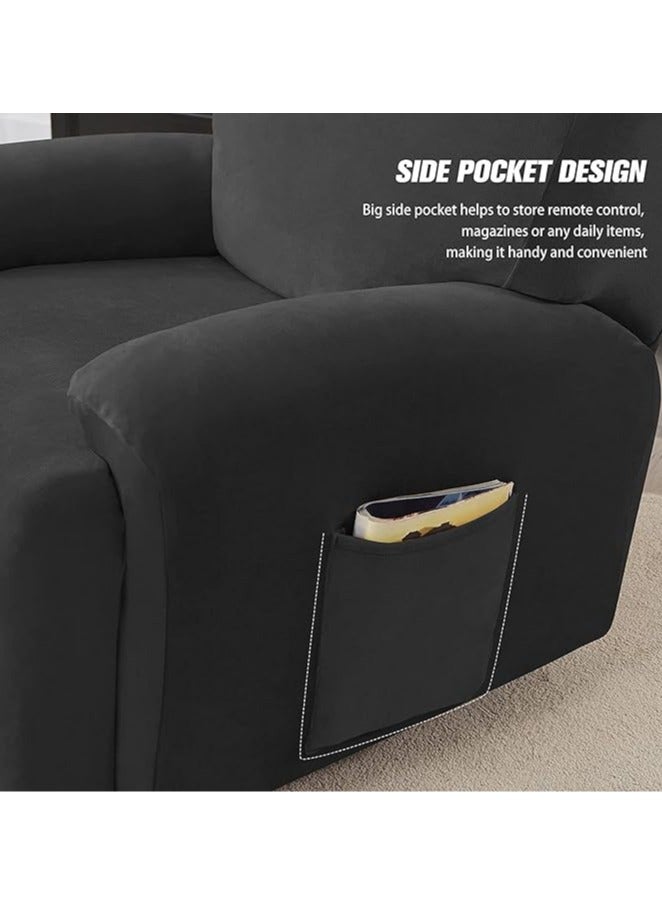 general 4-piece velvet chaise longue cover, stretch velvet lounge chair cover for living room with side pockets, TV chair protector, seat width 58-89 cm (black) - Image 4