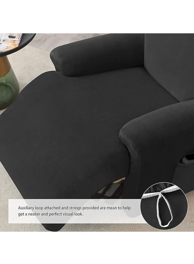 general 4-piece velvet chaise longue cover, stretch velvet lounge chair cover for living room with side pockets, TV chair protector, seat width 58-89 cm (black) - Image 3