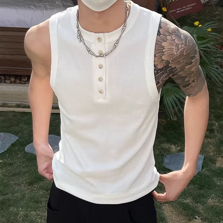 American Trendy Brand Button-Down Henry Collar Solid Color Sleeveless Vest For Men And Women, Summer Simple Slim Fit Versatile - Image 4