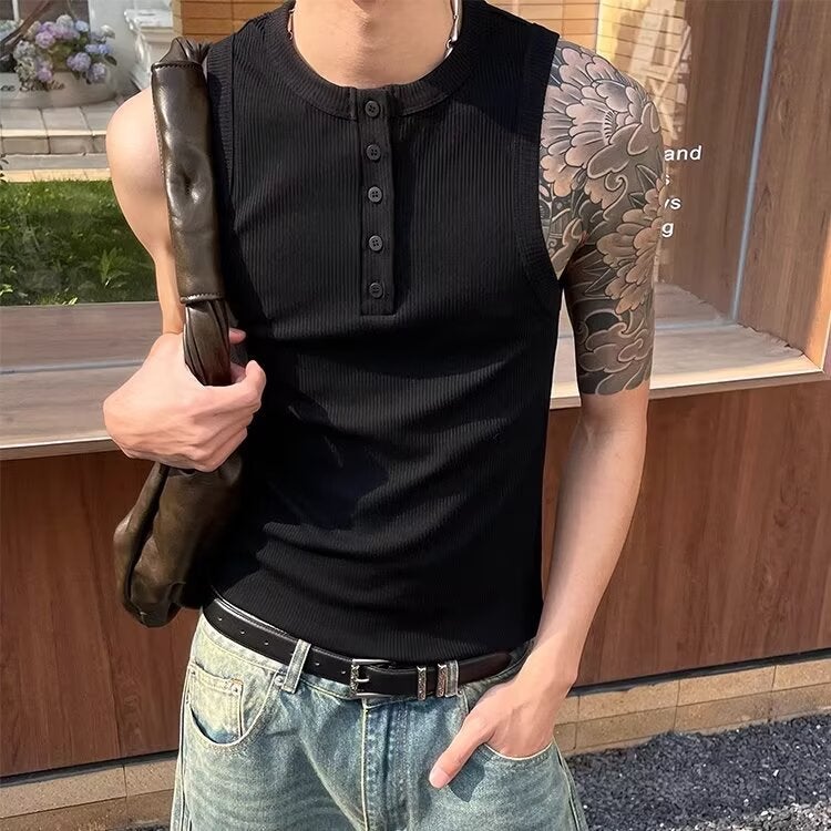 American Trendy Brand Button-Down Henry Collar Solid Color Sleeveless Vest For Men And Women, Summer Simple Slim Fit Versatile - Image 5