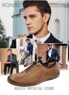roaiss New Mens Casual Drawstring Non-slip Soft Sole Flat Shoes Fashion Round Toe Shoes Daily Hand Stitched Leather Shoes  - Image 5